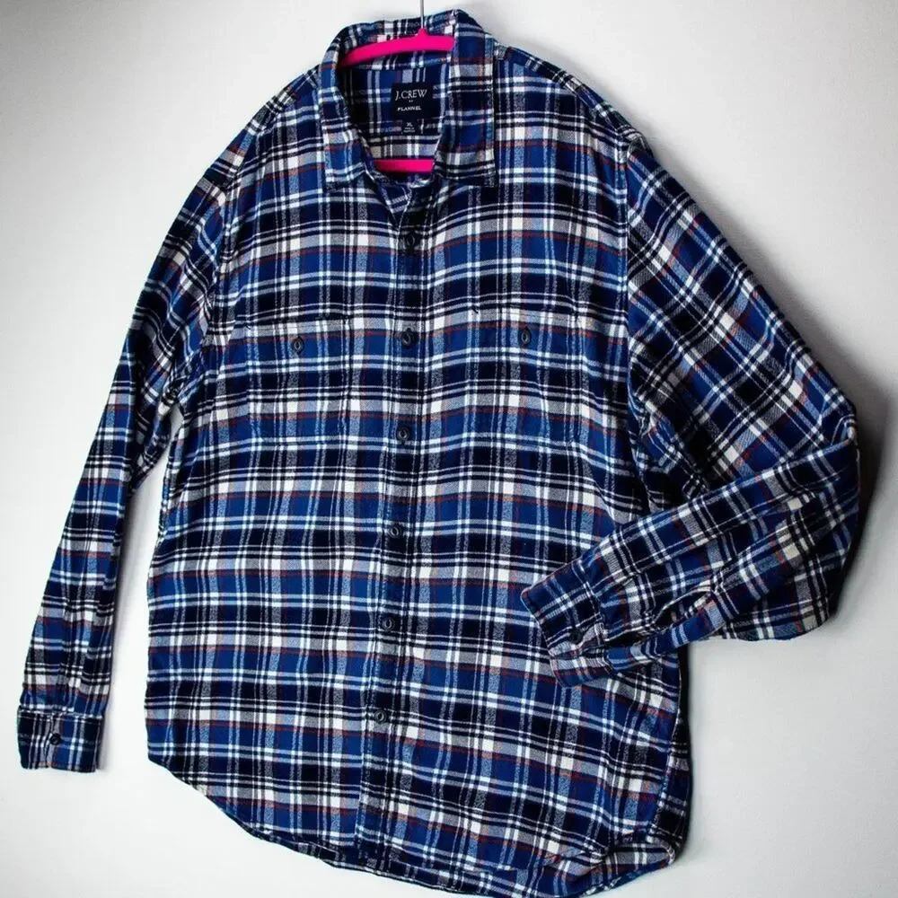 Men’s XL Flannel Shirt Blue Plaid 100% Cotton Long Sleeve Button Up J.Crew